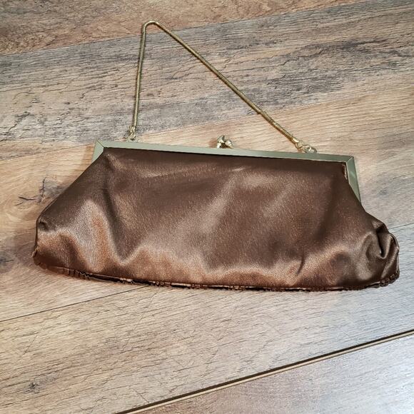 Vintage Brown Sheen Braided Satin Textured Kiss Lock Crossbody Clutch Handbag - Picture 6 of 12